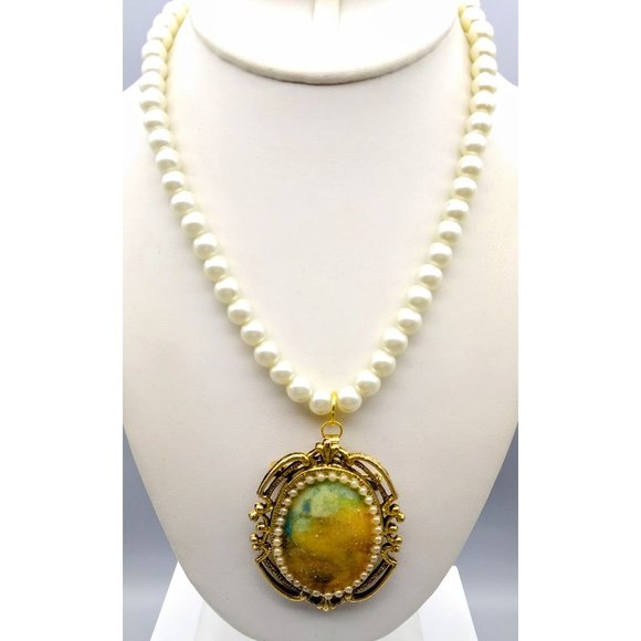 Pastel Floral Pendant Brooch Necklace, Vintage Sugar Pin in Ornate Gold Tone - Picture 1 of 5